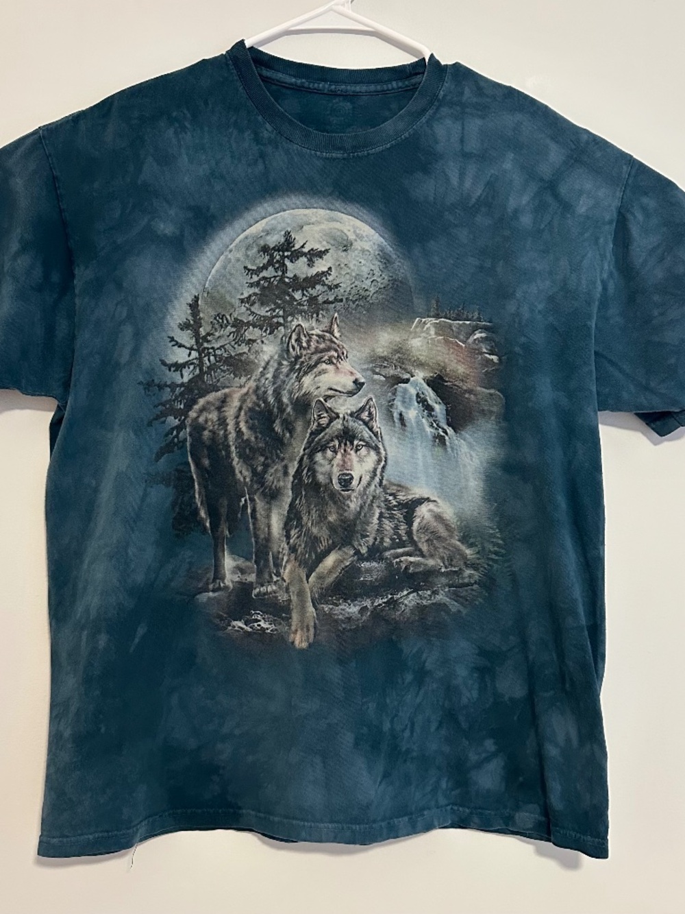 The Mountain Wolf & Moon Animal Print T-Shirt XL Blue Acid Wash Y2K Short Sleeve